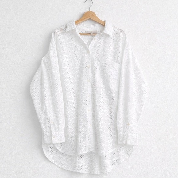 LOFT Tops - Loft White Eyelet Cotton Button Down Tunic XL Beach Cottagecore Coquette